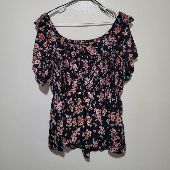 Maurices Black Floral Smocked Odf Shoulder Blouse - Picture 2 of 4